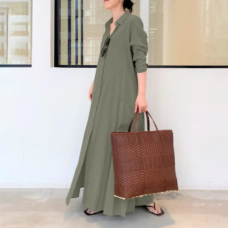 2022 European and American style cotton linen solid color lapel long sleeve pocket simple loose casual long shirt dress