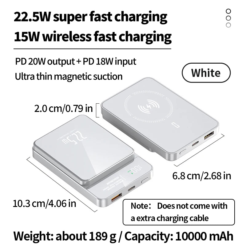 10000mAh high-capacity magnetic wireless charging power bank, portable fast charging, suitable for iPhone/Samsung/Xiaomi