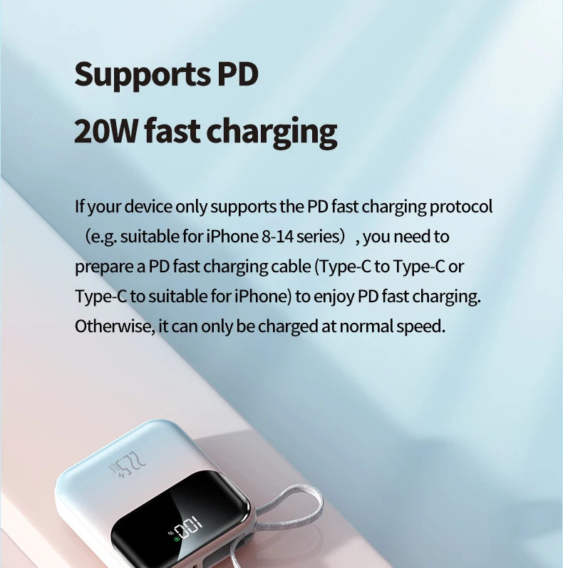 10000mAh compact portable power bank, 22.5W super fast charging, with built-in charging cable,suitable for iPhone/Samsung/Xiaomi