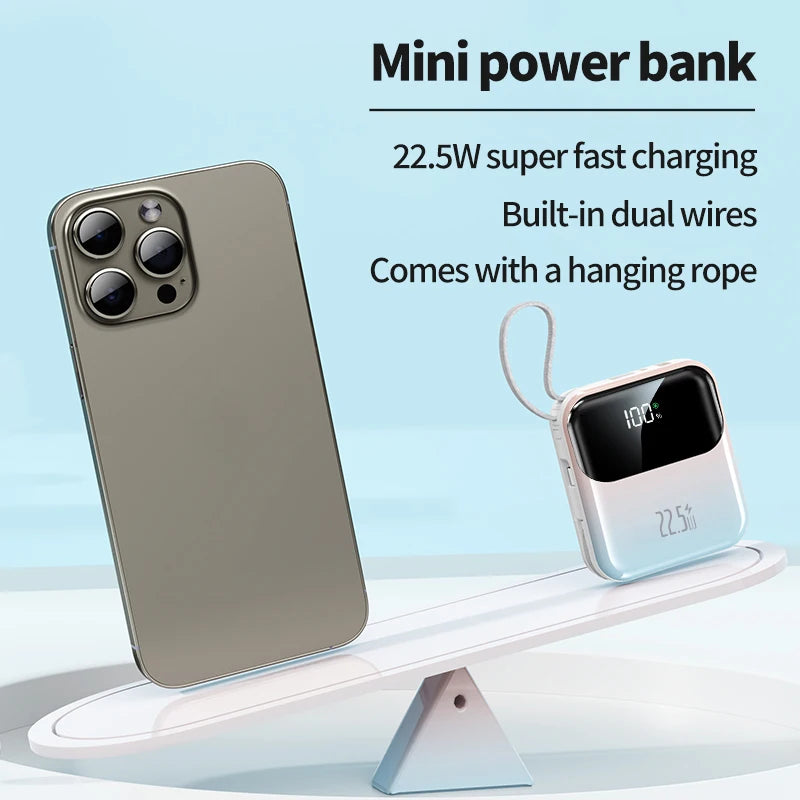 10000mAh compact portable power bank, 22.5W super fast charging, with built-in charging cable,suitable for iPhone/Samsung/Xiaomi