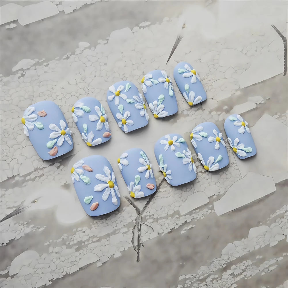 10pc Press on nails Short Circle length Flower Color Nail Simple Elegant Design Fake Nail Art Oil Painting style Detachable Nail