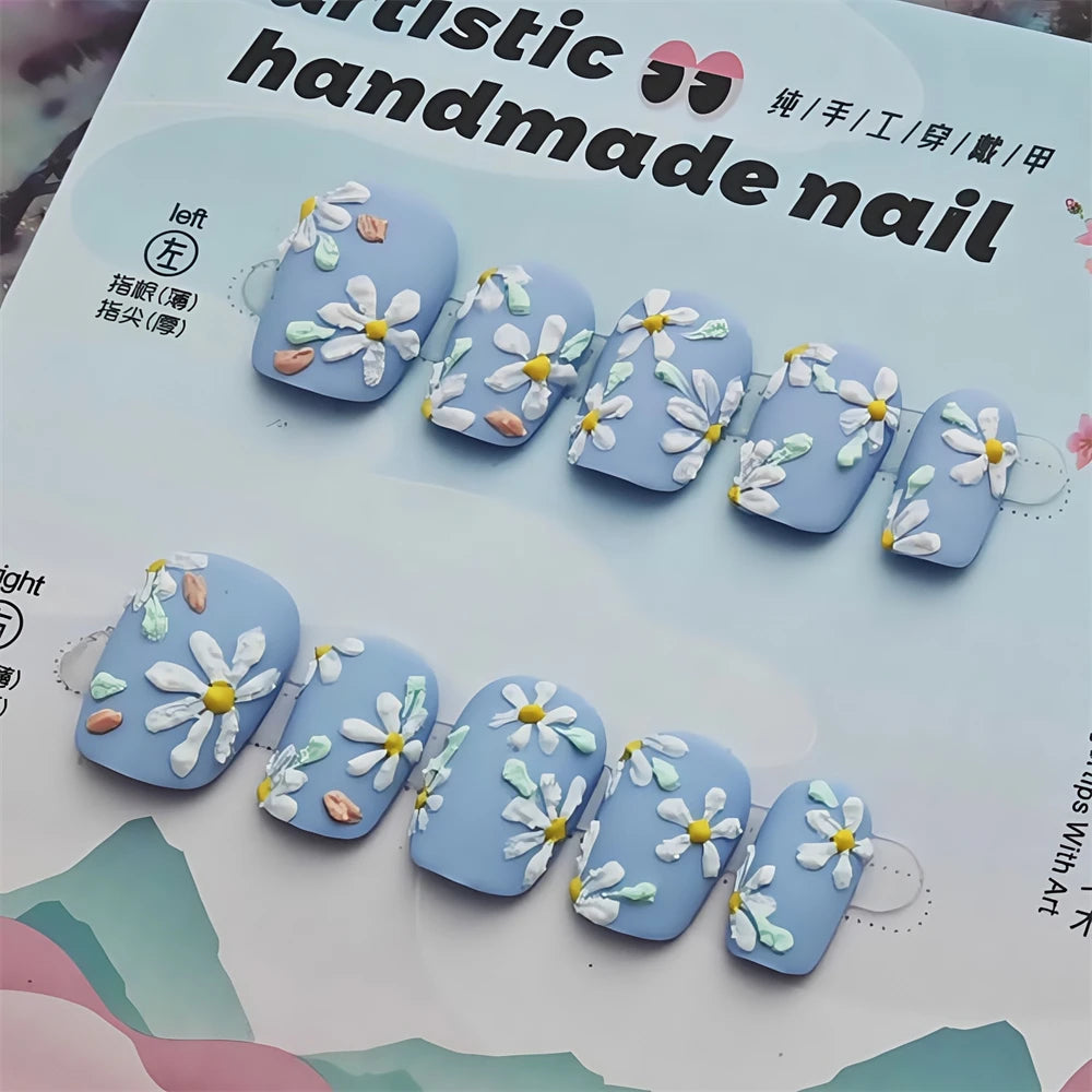 10pc Press on nails Short Circle length Flower Color Nail Simple Elegant Design Fake Nail Art Oil Painting style Detachable Nail