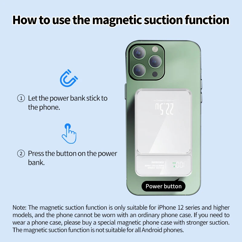 10000mAh high-capacity magnetic wireless charging power bank, portable fast charging, suitable for iPhone/Samsung/Xiaomi