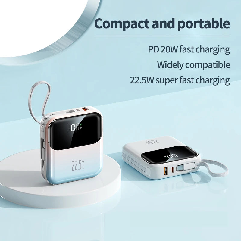 10000mAh compact portable power bank, 22.5W super fast charging, with built-in charging cable,suitable for iPhone/Samsung/Xiaomi