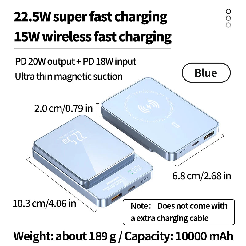 10000mAh high-capacity magnetic wireless charging power bank, portable fast charging, suitable for iPhone/Samsung/Xiaomi