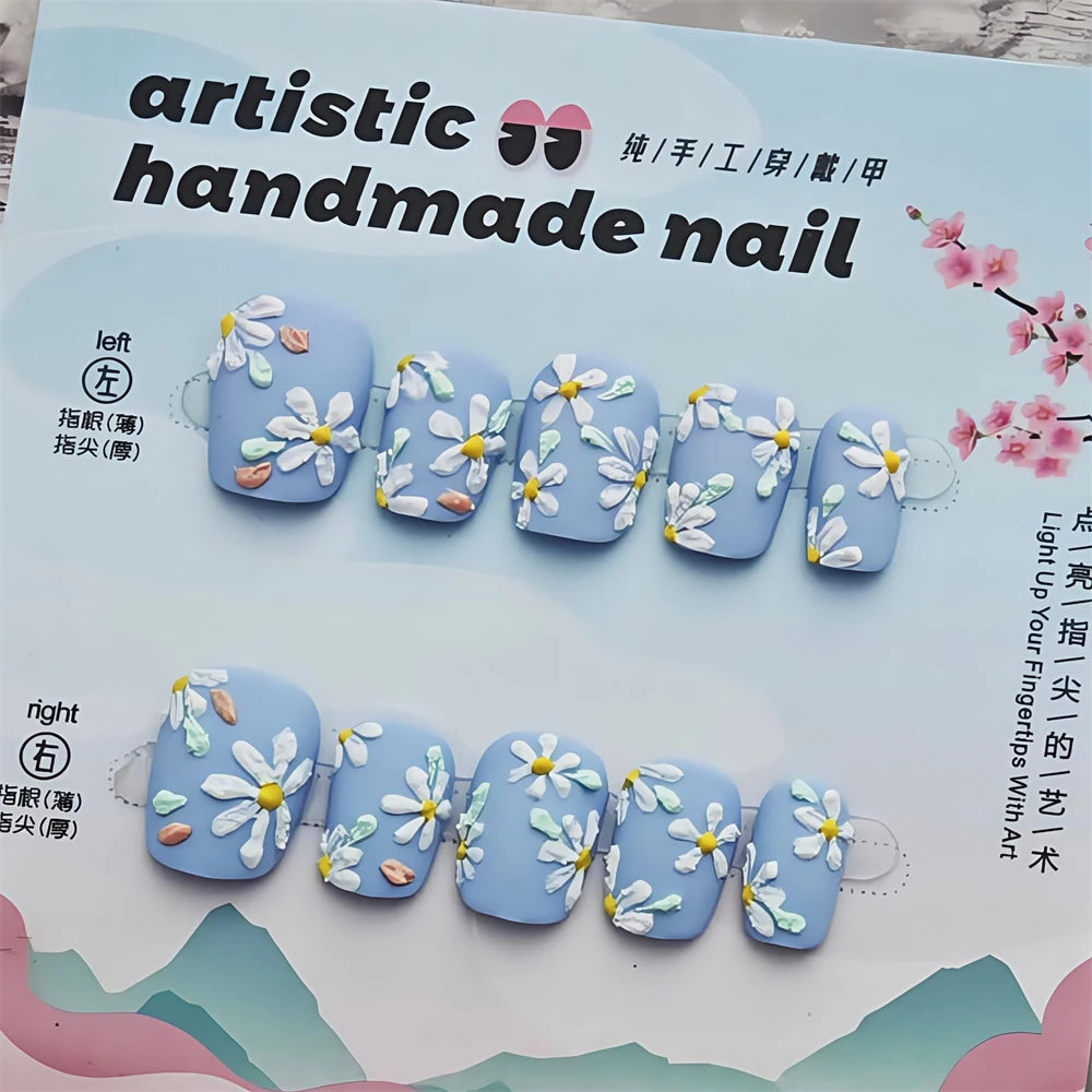 10pc Press on nails Short Circle length Flower Color Nail Simple Elegant Design Fake Nail Art Oil Painting style Detachable Nail