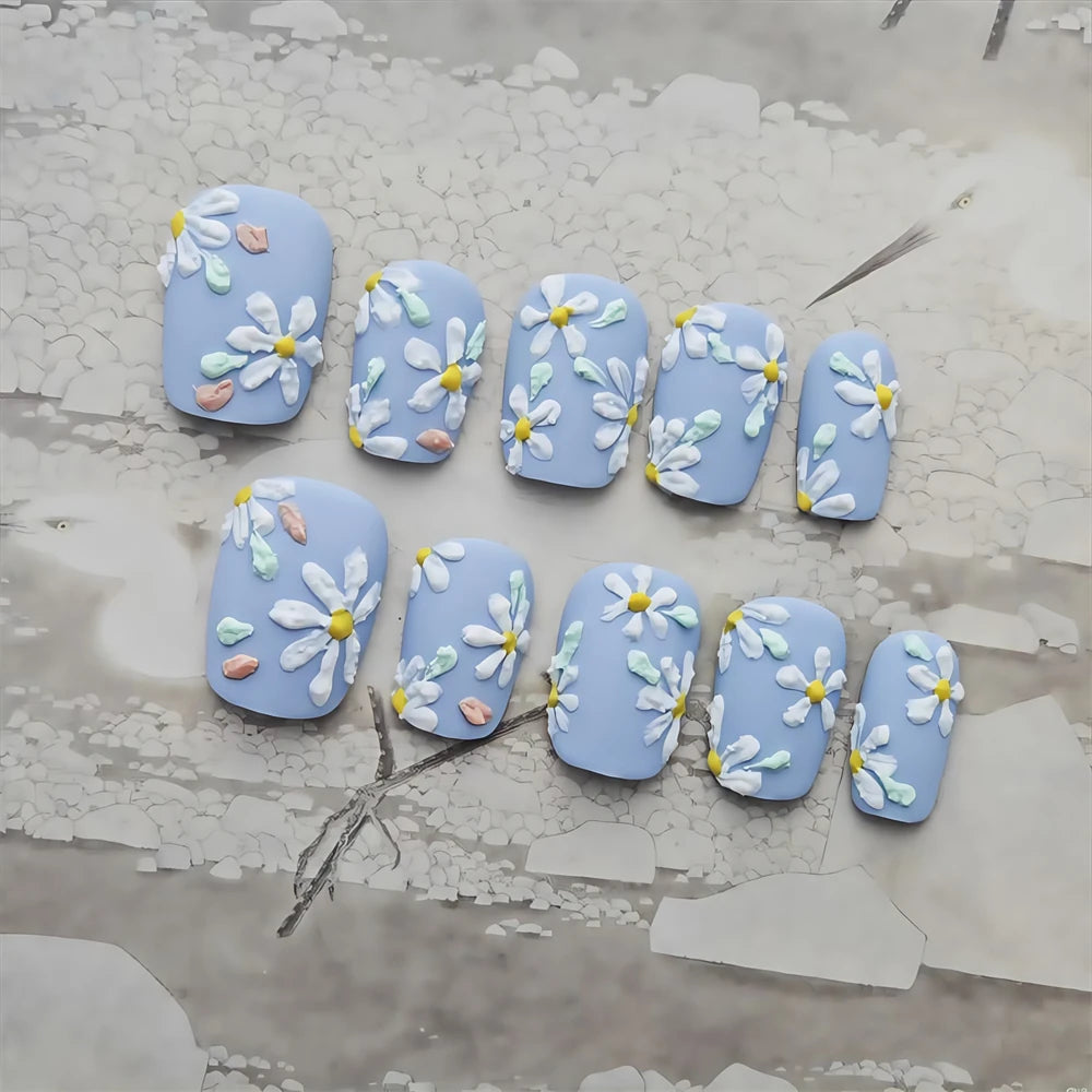 10pc Press on nails Short Circle length Flower Color Nail Simple Elegant Design Fake Nail Art Oil Painting style Detachable Nail