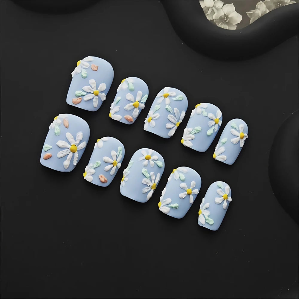 10pc Press on nails Short Circle length Flower Color Nail Simple Elegant Design Fake Nail Art Oil Painting style Detachable Nail