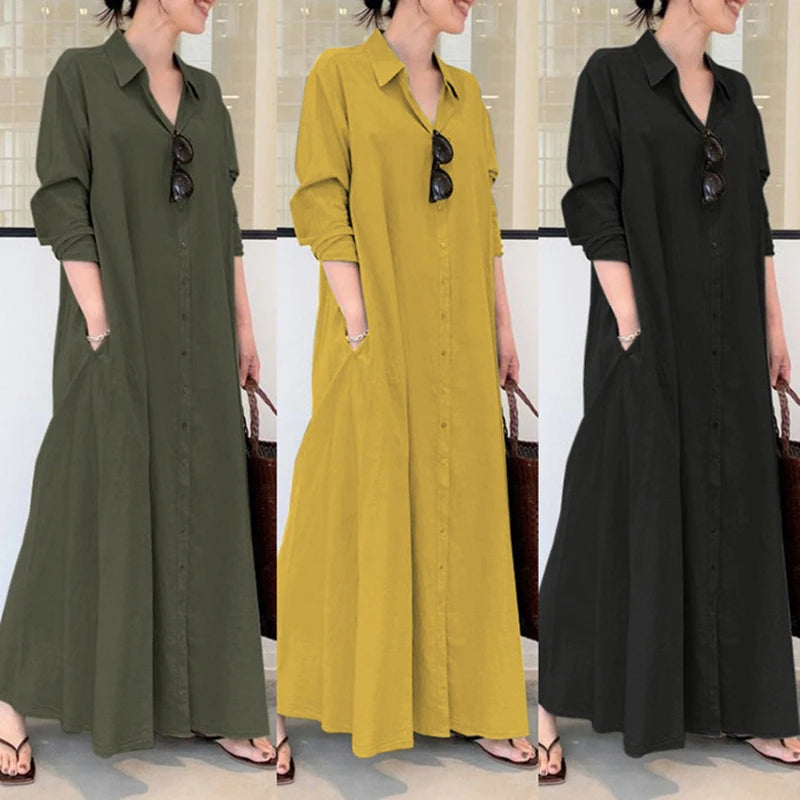 2022 European and American style cotton linen solid color lapel long sleeve pocket simple loose casual long shirt dress