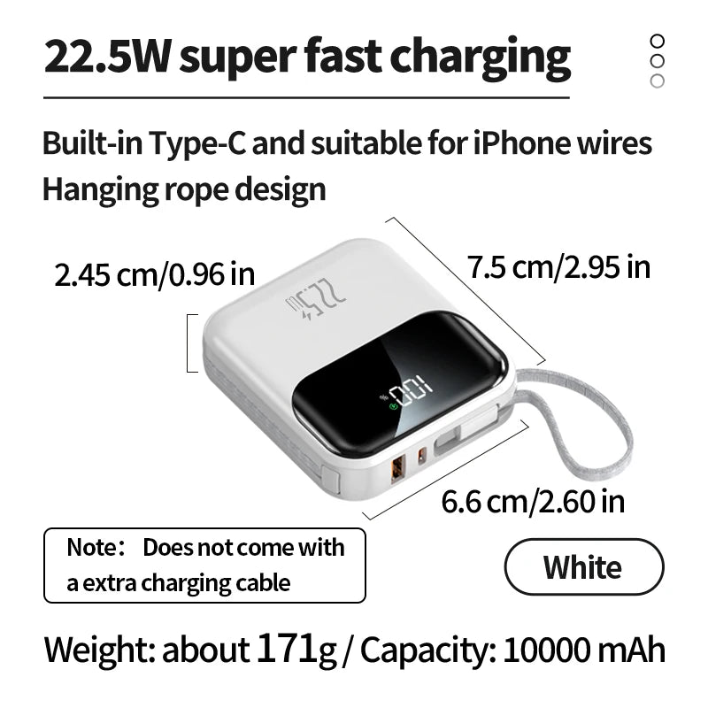 10000mAh compact portable power bank, 22.5W super fast charging, with built-in charging cable,suitable for iPhone/Samsung/Xiaomi