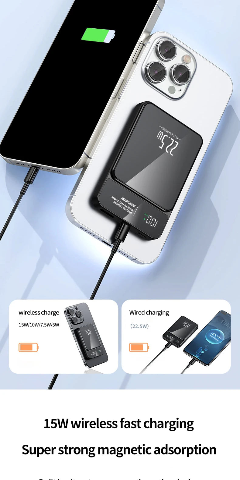 10000mAh high-capacity magnetic wireless charging power bank, portable fast charging, suitable for iPhone/Samsung/Xiaomi