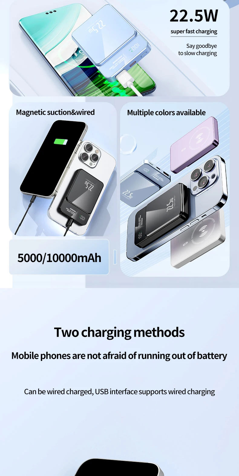 10000mAh high-capacity magnetic wireless charging power bank, portable fast charging, suitable for iPhone/Samsung/Xiaomi