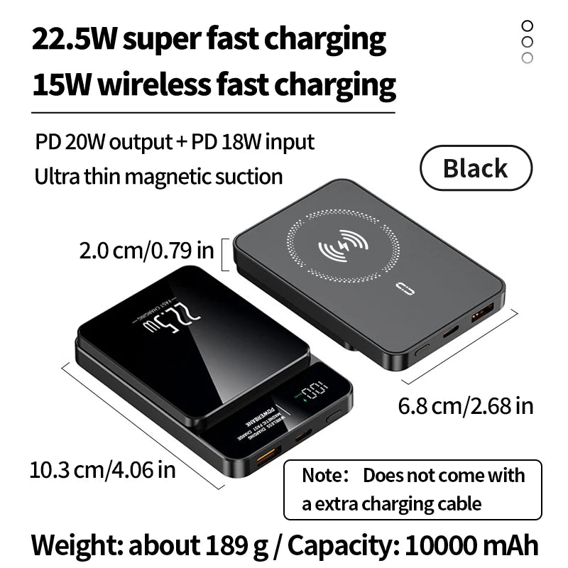 10000mAh high-capacity magnetic wireless charging power bank, portable fast charging, suitable for iPhone/Samsung/Xiaomi