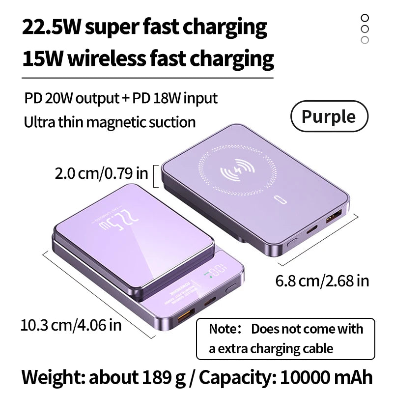 10000mAh high-capacity magnetic wireless charging power bank, portable fast charging, suitable for iPhone/Samsung/Xiaomi